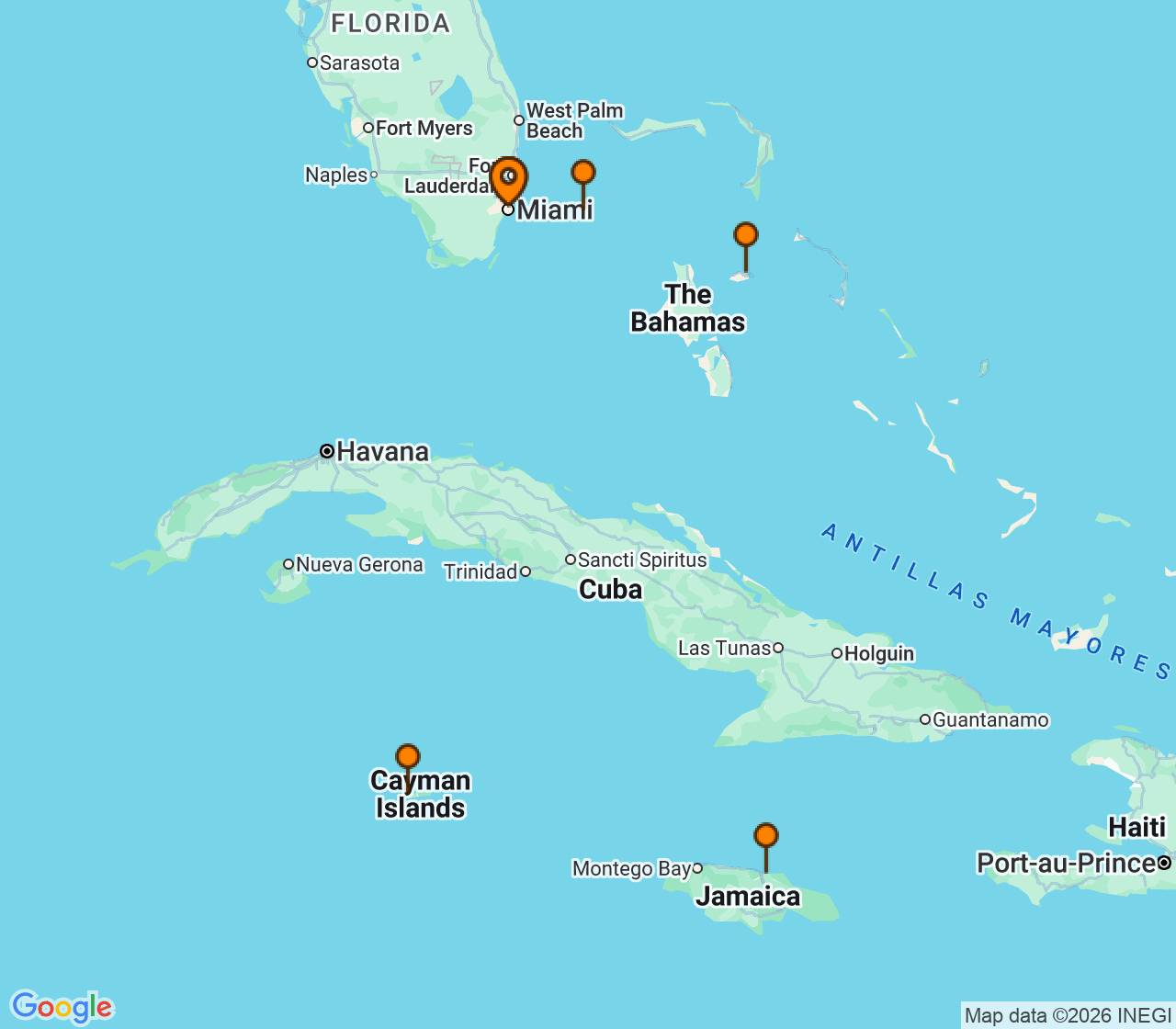 Harta itinerariu Croaziera 2027 - Caraibe si America Centrala (Miami, FL) - Virgin Voyages - Resilient Lady - 7 nopti
