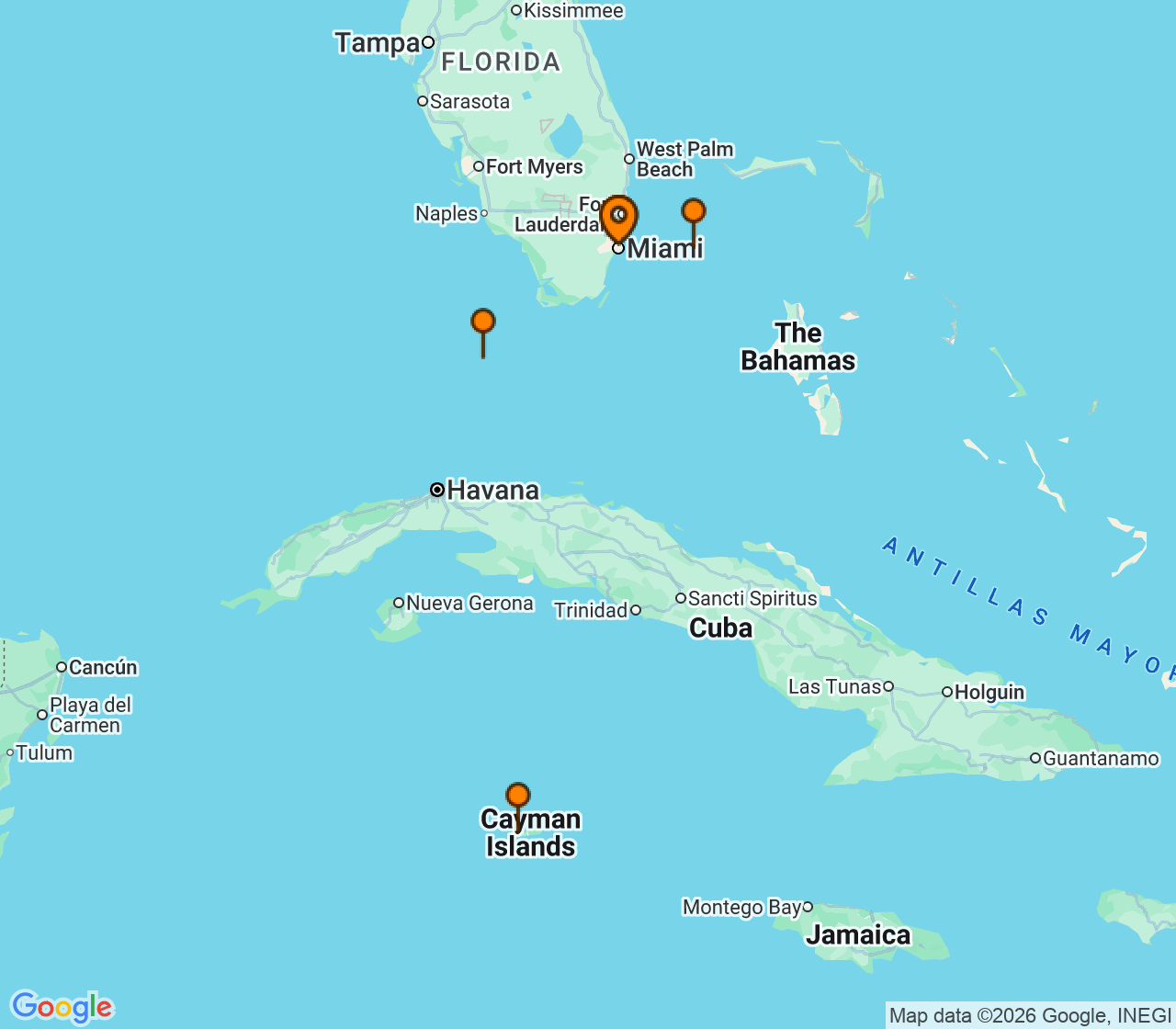 Harta itinerariu Croaziera 2028 - Caraibe si America Centrala (Miami, FL) - Virgin Voyages - Resilient Lady - 6 nopti