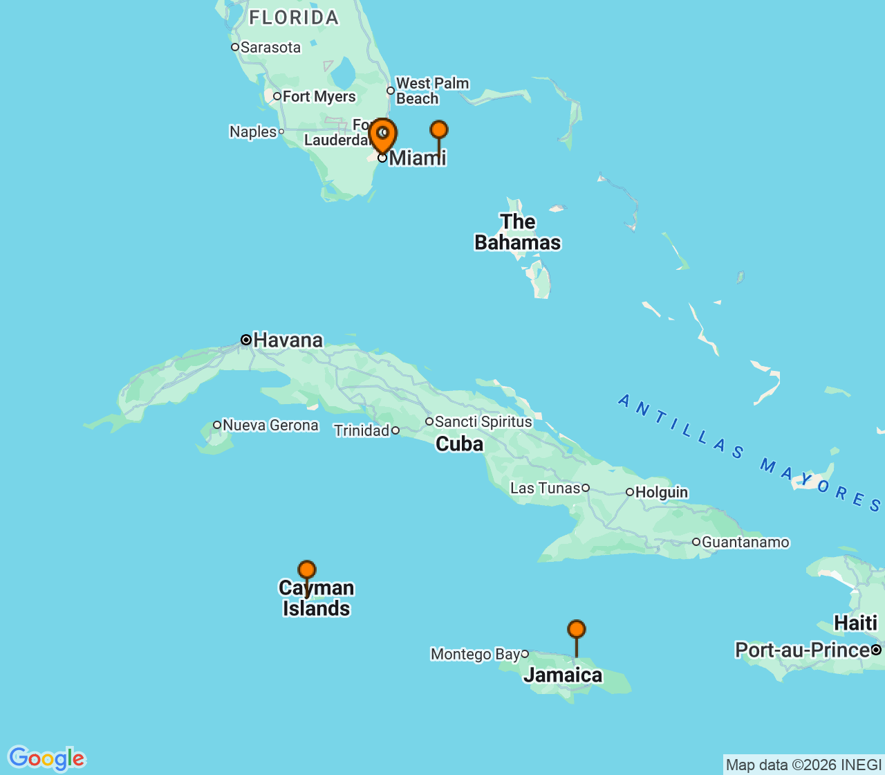 Harta itinerariu Croaziera 2026 - Caraibe si America Centrala (Miami, FL) - Virgin Voyages - Resilient Lady - 6 nopti