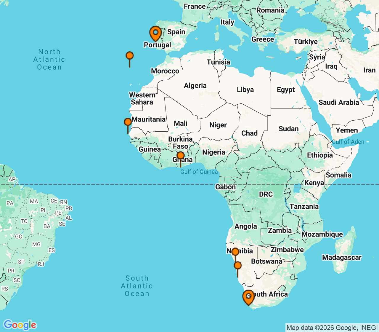 Harta itinerariu Croaziera 2026 - Africa (Lisabona, Portugalia) - Silversea Cruises - Silver Muse - 20 nopti