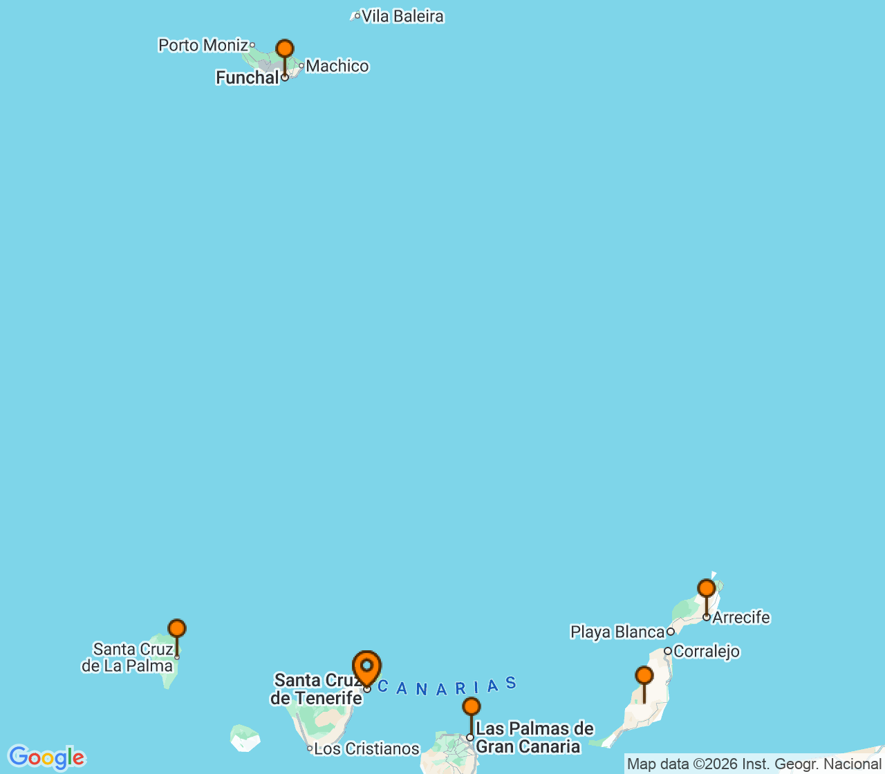 Harta itinerariu Croaziera 2026 - Mediterana (Santa Cruz de Tenerife, Insulele Canare) - MSC Cruises - MSC Fantasia - 7 nopti