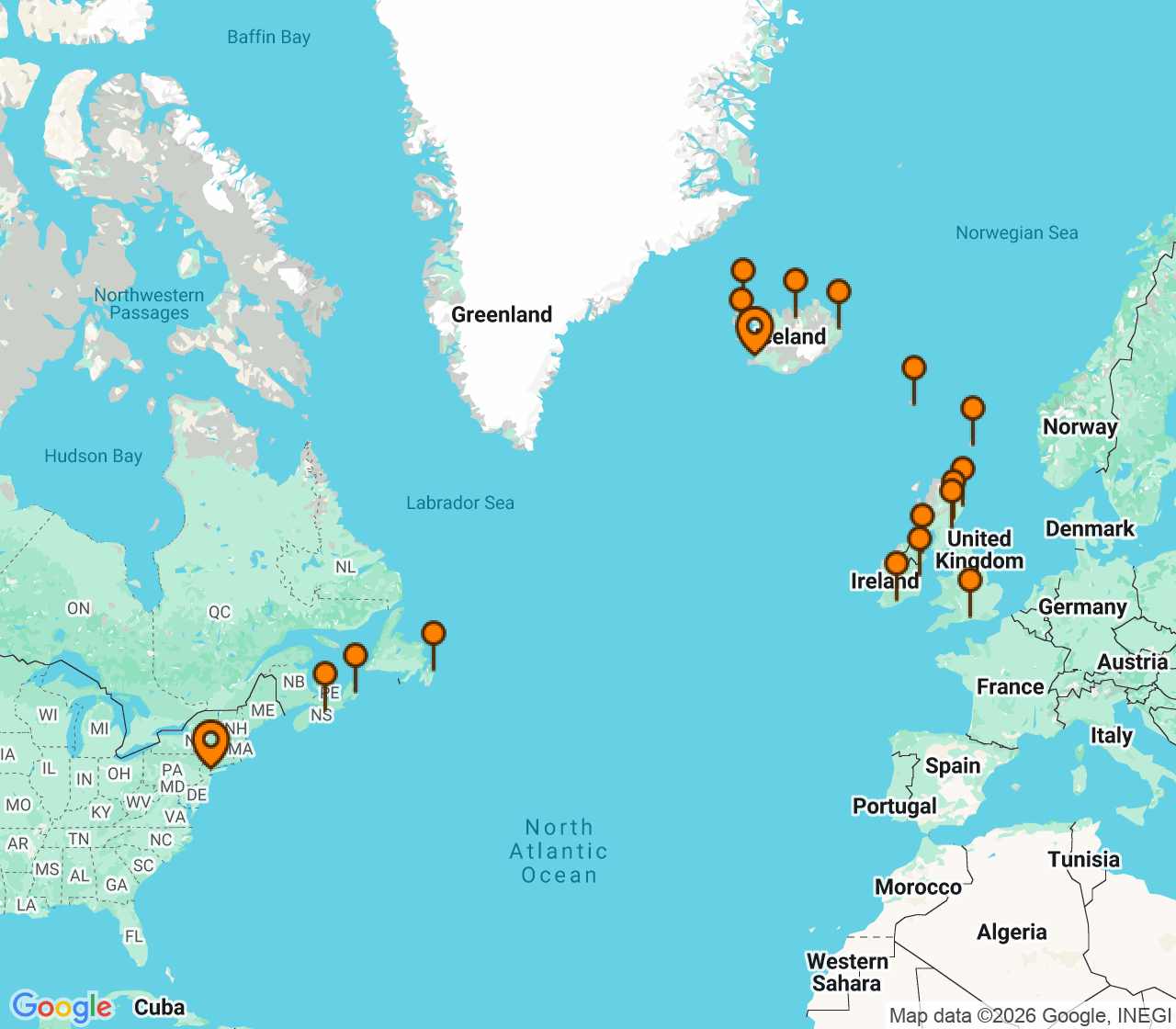 Harta itinerariu Croaziera 2028 - Repozitionari si Transoceanic (Reykjavik, Islanda) - Oceania Cruises - Vista - 26 nopti