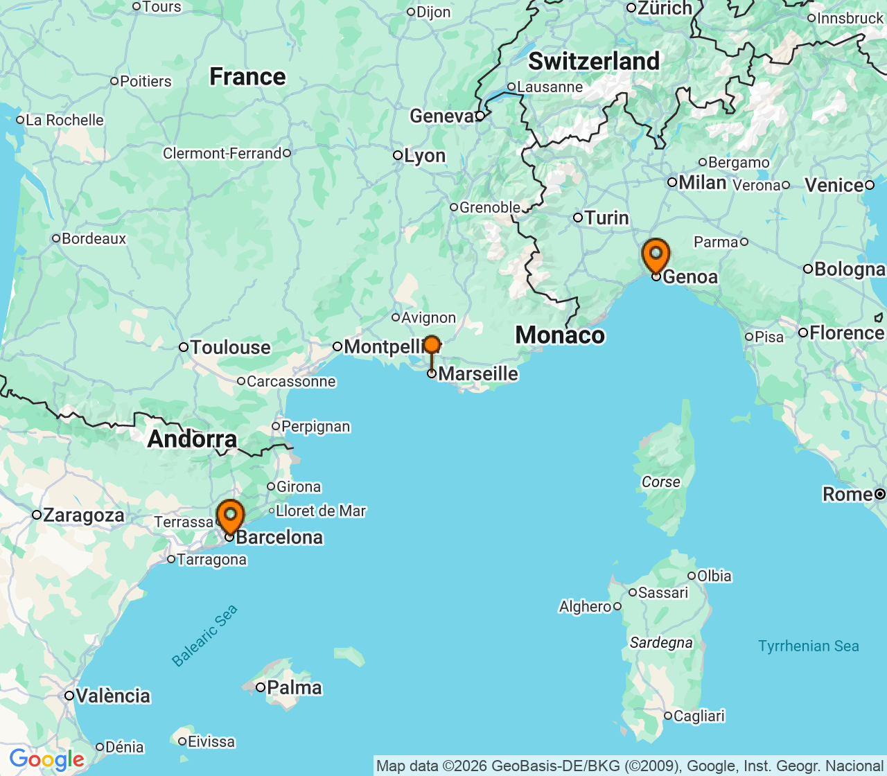 Harta itinerariu Croaziera 2026 - Mediterana (Barcelona, Spania) - MSC Cruises - MSC World Europa - 2 nopti