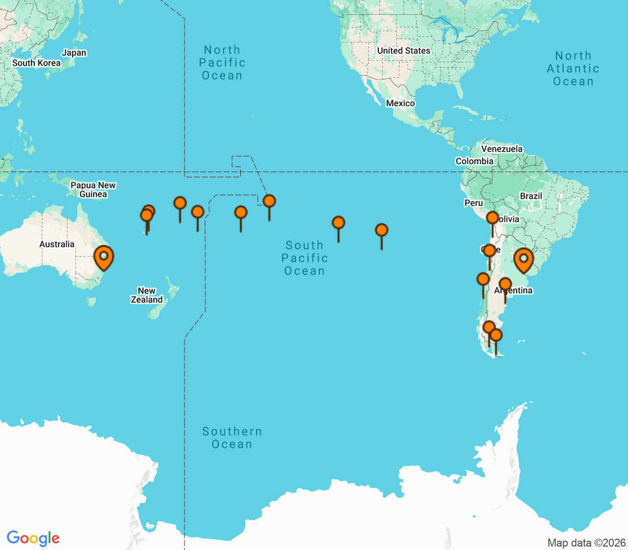 Harta itinerariu Croaziera 2026 - Grand Voyage si Tematice (Sydney, Australia) - Costa Cruises - Costa Serena - 40 nopti