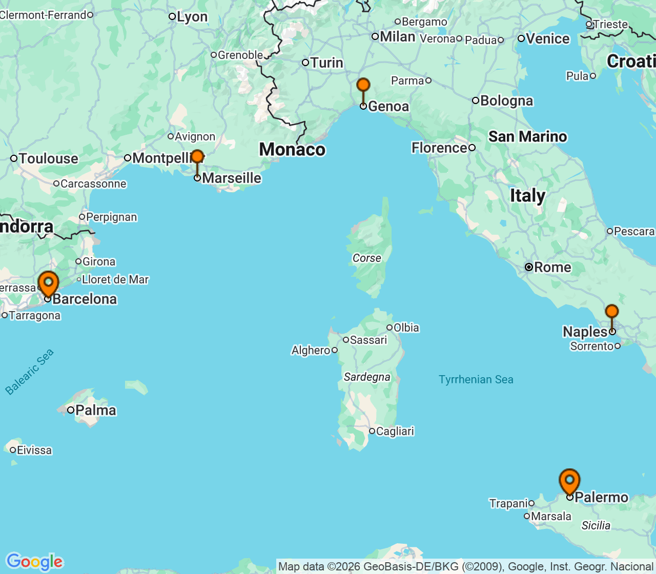 Harta itinerariu Croaziera 2026 - Mediterana (Barcelona, Spania) - MSC Cruises - MSC Euribia - 4 nopti