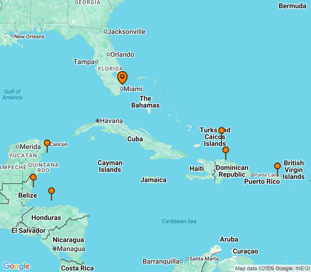 Harta itinerariu Croaziera 2027 - Caraibe si America Centrala (Fort Lauderdale, Florida) - Princess Cruises - Sun Princess - 14 nopti