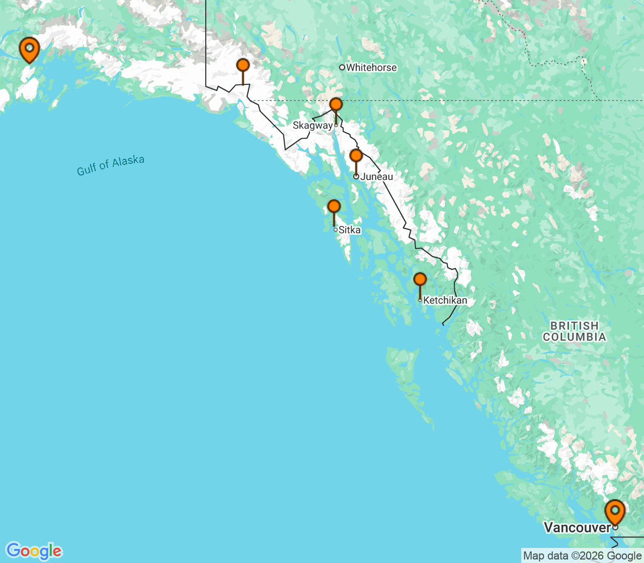 Harta itinerariu Croaziera 2028 - Alaska (Anchorage (Whittier), AK) - Regent Seven Seas Cruises - Seven Seas Splendor - 7 nopti
