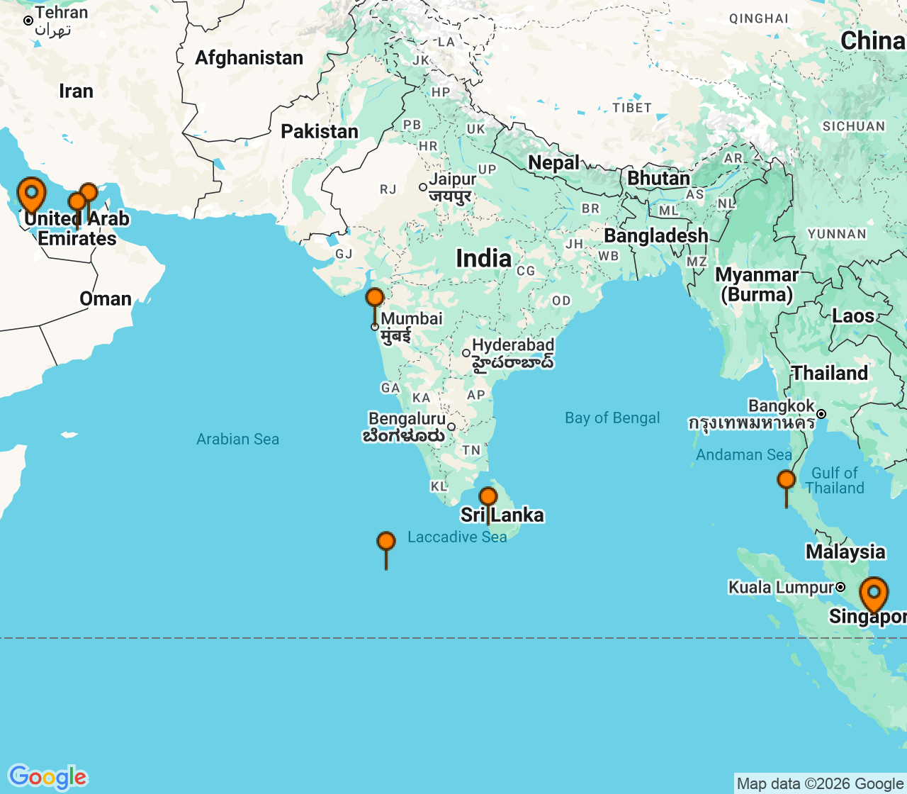 Harta itinerariu Croaziera 2028 -  (Singapore) - Regent Seven Seas Cruises - Seven Seas Explorer - 16 nopti