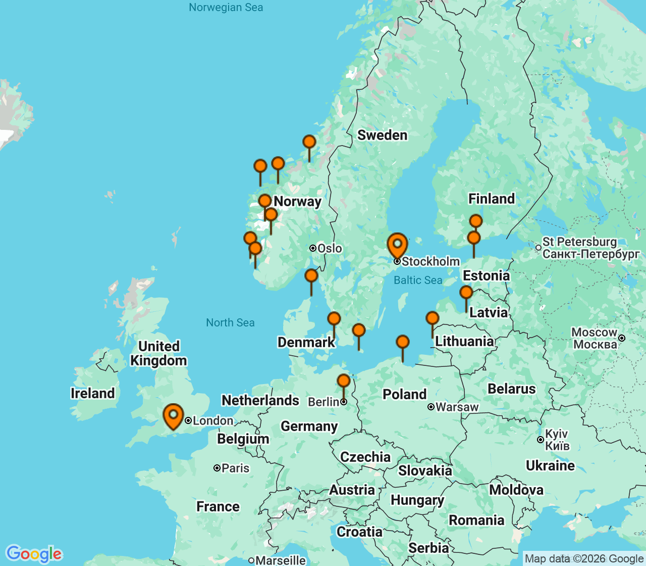 Harta itinerariu Croaziera 2028 - Europa de Nord (Southampton, Anglia) - Silversea Cruises - Silver Spirit - 22 nopti