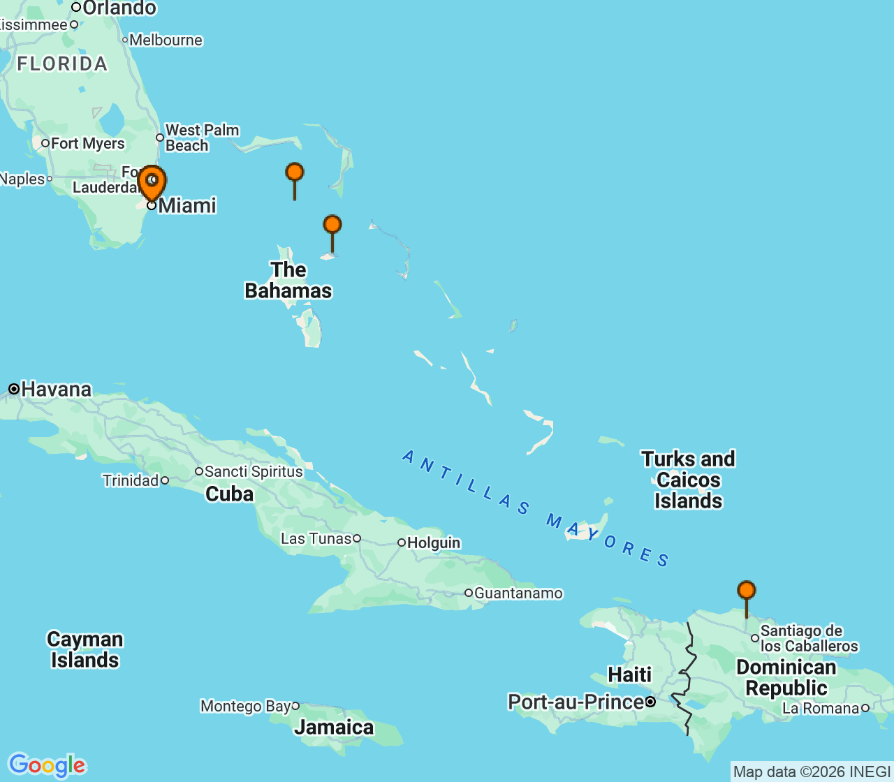Harta itinerariu Croaziera 2027 - Caraibe si America Centrala (Miami, FL) - Royal Caribbean Cruise Line - Allure Of The Seas - 6 nopti