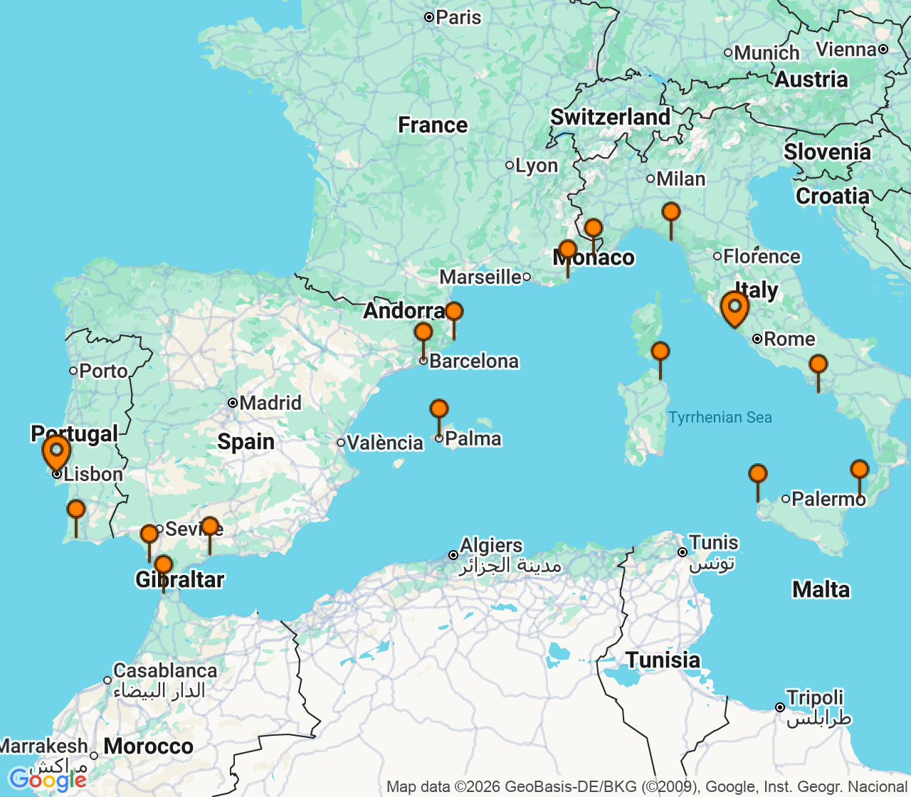Harta itinerariu Croaziera 2027 - Mediterana (Lisabona, Portugalia) - Regent Seven Seas Cruises - Seven Seas Grandeur - 17 nopti