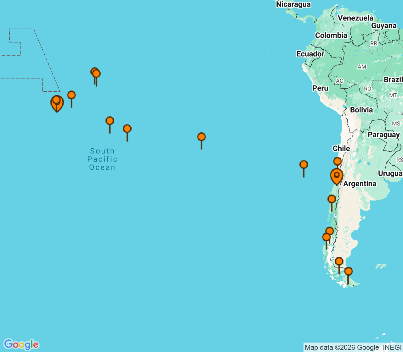 Harta itinerariu Croaziera 2028 - America de Sud (Portul Williams, Chile) - Silversea Cruises - Silver Cloud Expedition - 34 nopti