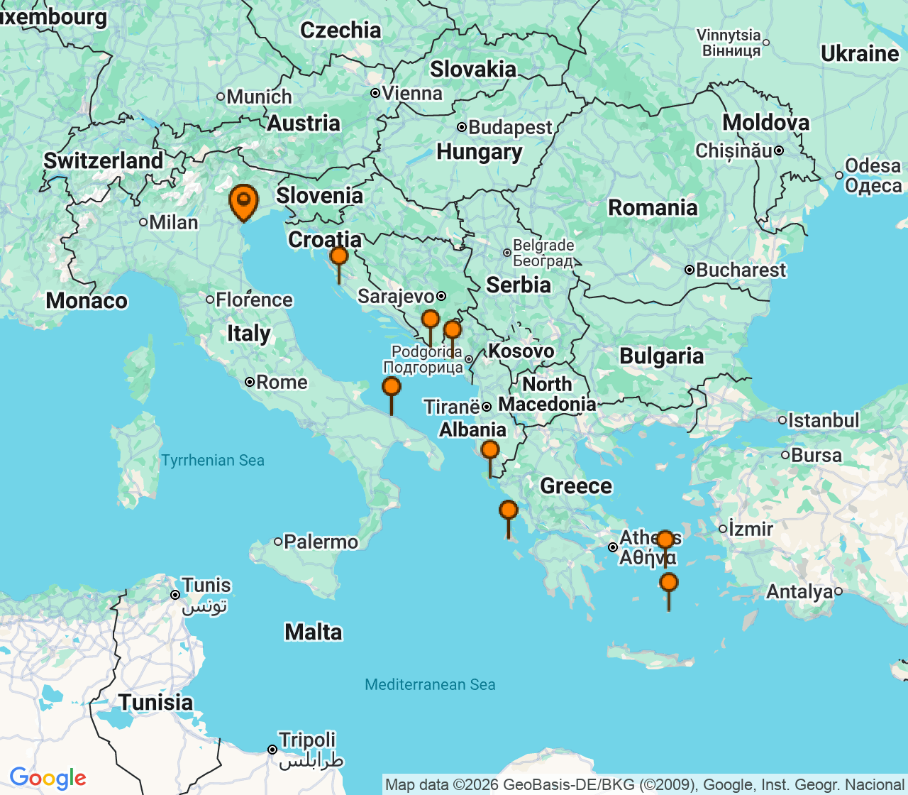 Harta itinerariu Croaziera 2027 - Mediterana (Venetia, Italia) - Costa Cruises - Costa Deliziosa - 14 nopti