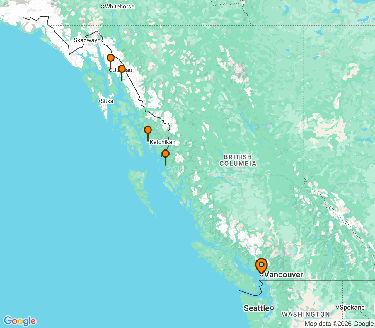 Harta itinerariu Croaziera 2028 - Alaska (Vancouver, Canada) - Royal Caribbean Cruise Line - Serenade of the Seas - 1 noapte