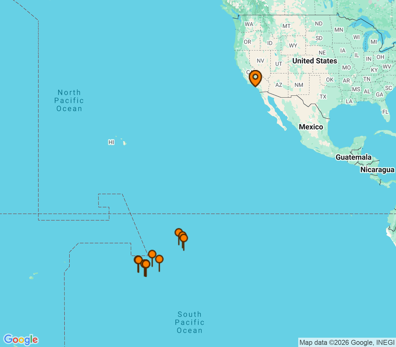 Harta itinerariu Croaziera 2027 - Tahiti si Pacificul de Sud (Los Angeles, CA) - Windstar Cruises - Star Breeze - 17 nopti