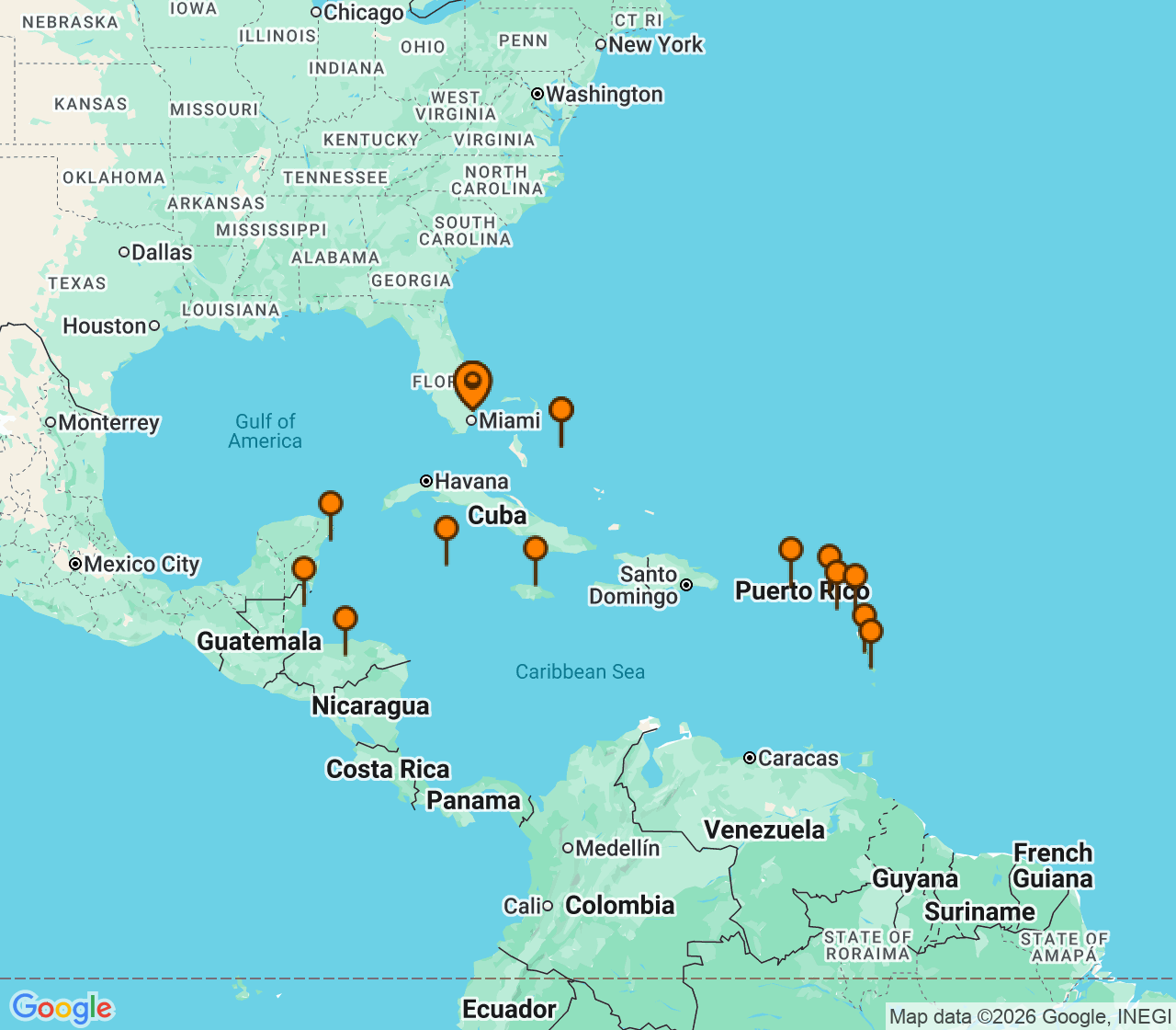 Harta itinerariu Croaziera 2027 - Caraibe si America Centrala (Fort Lauderdale, Florida) - Holland America Line - Eurodam - 21 nopti