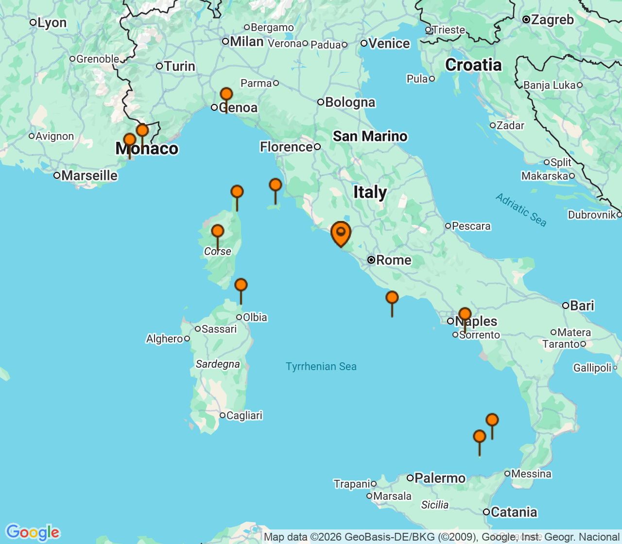 Harta itinerariu Croaziera 2028 - Mediterana (Roma (Civitavecchia), Italia) - Windstar Cruises - Wind Spirit - 14 nopti