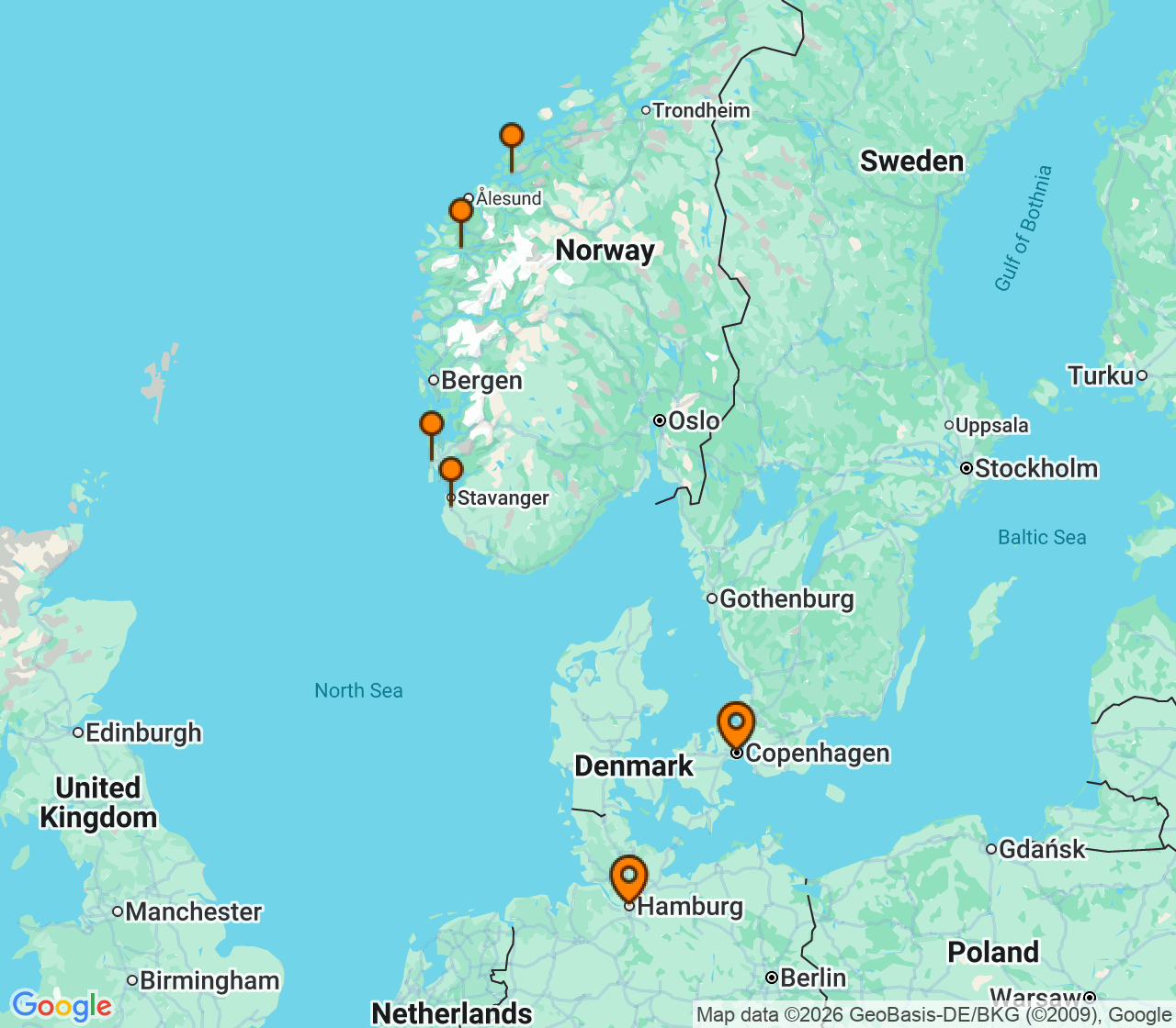 Harta itinerariu Croaziera 2028 - Europa de Nord (Hamburg, Germania) - Explora Journeys - Explora V - 7 nopti