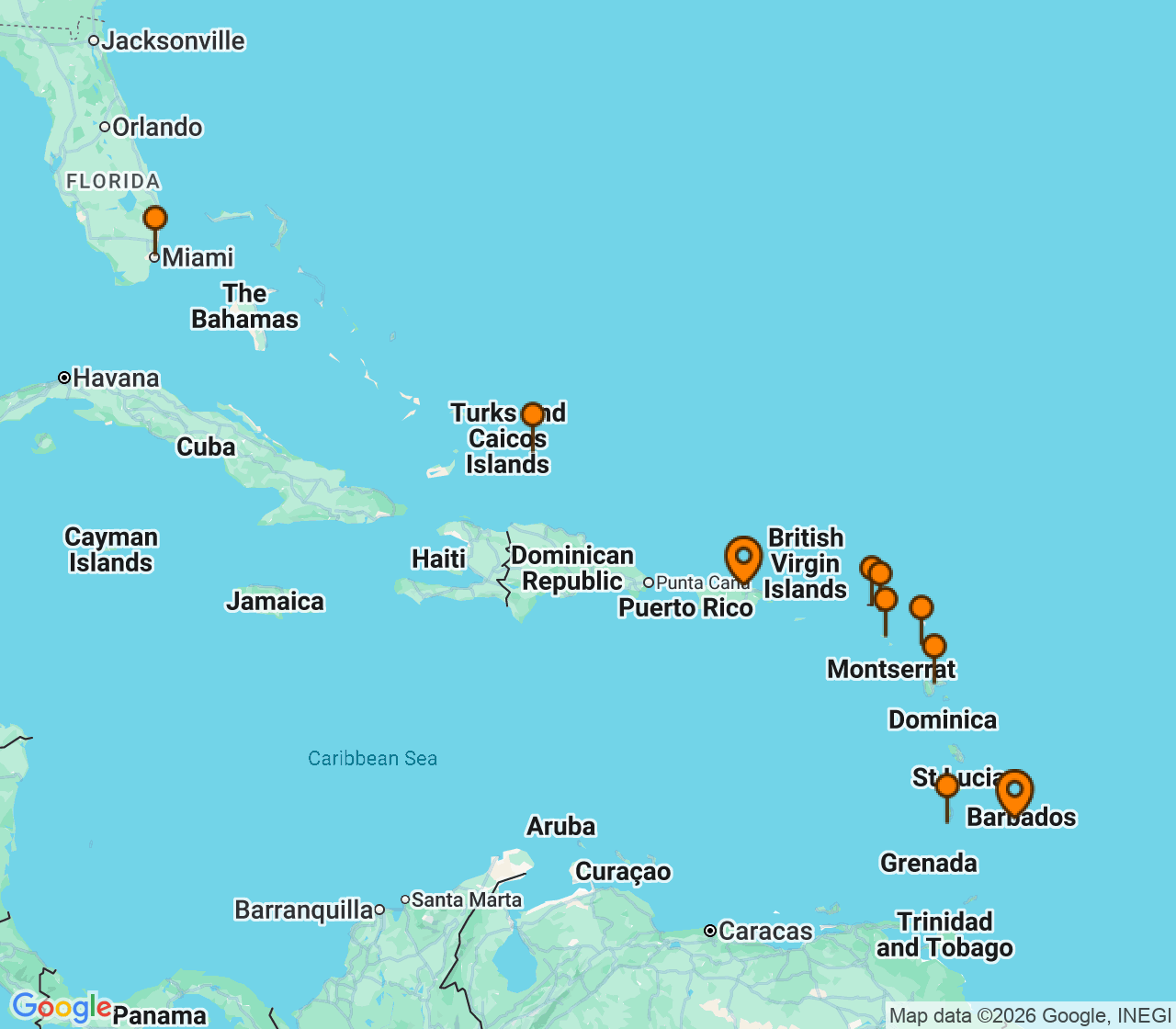 Harta itinerariu Croaziera 2027 - Caraibe si America Centrala (San Juan, Puerto Rico) - Explora Journeys - Explora IV - 14 nopti