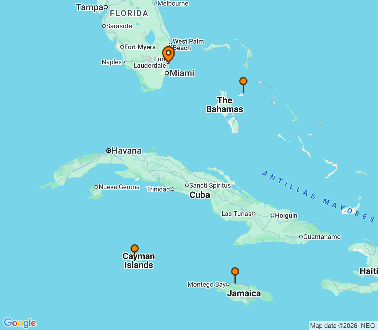 Harta itinerariu Croaziera 2027 - Caraibe si America Centrala (Fort Lauderdale, Florida) - Royal Caribbean Cruise Line - Adventure of the Seas - 6 nopti