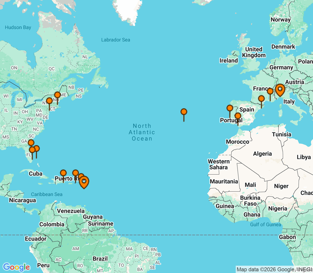 Harta itinerariu Croaziera 2028 - Repozitionari si Transoceanic (Pointe-a-Pitre, Guadalupe) - Costa Cruises - Costa Fascinosa - 27 nopti