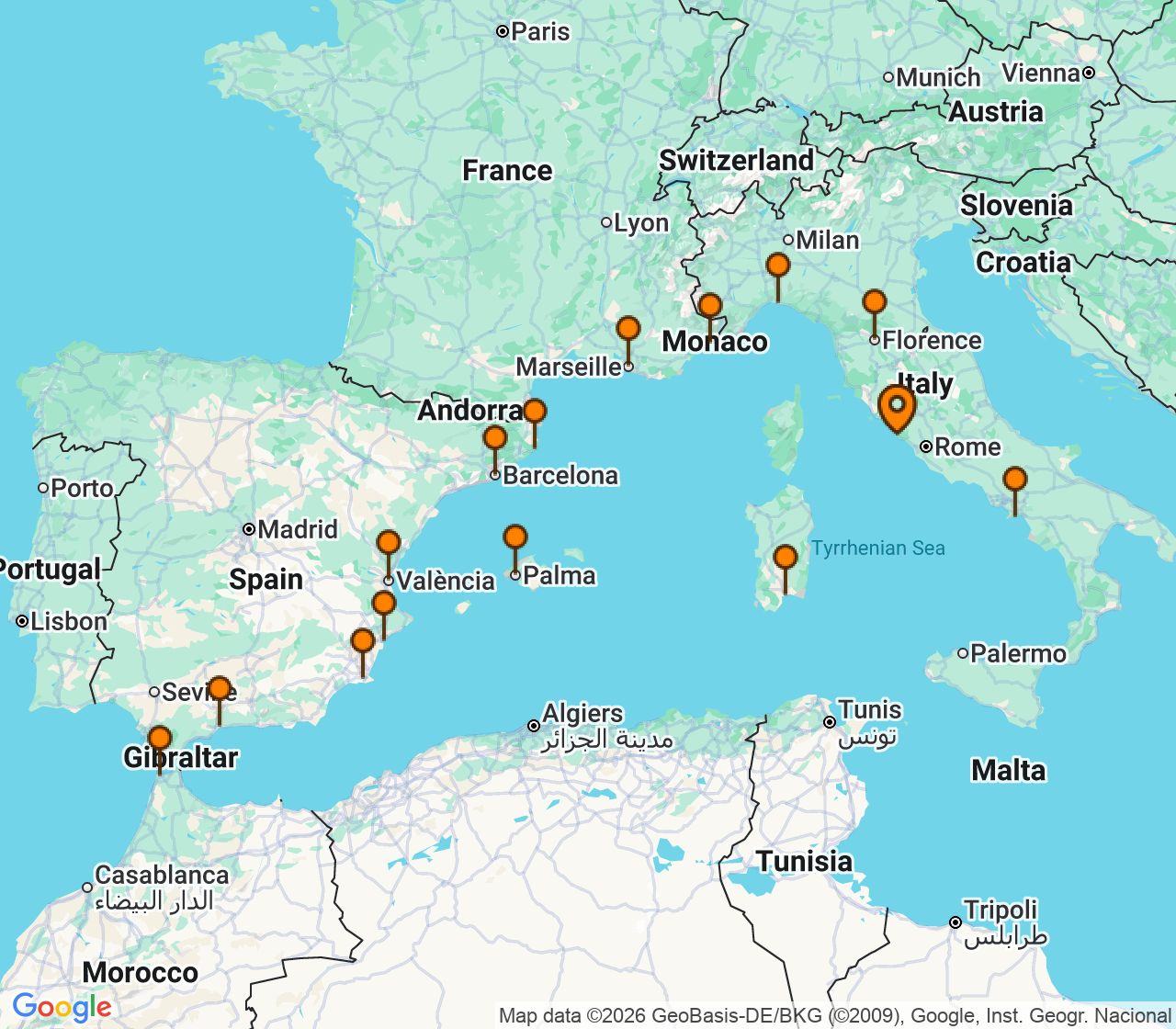 Harta itinerariu Croaziera 2027 - Mediterana (Roma (Civitavecchia), Italia) - Explora Journeys - Explora II - 19 nopti
