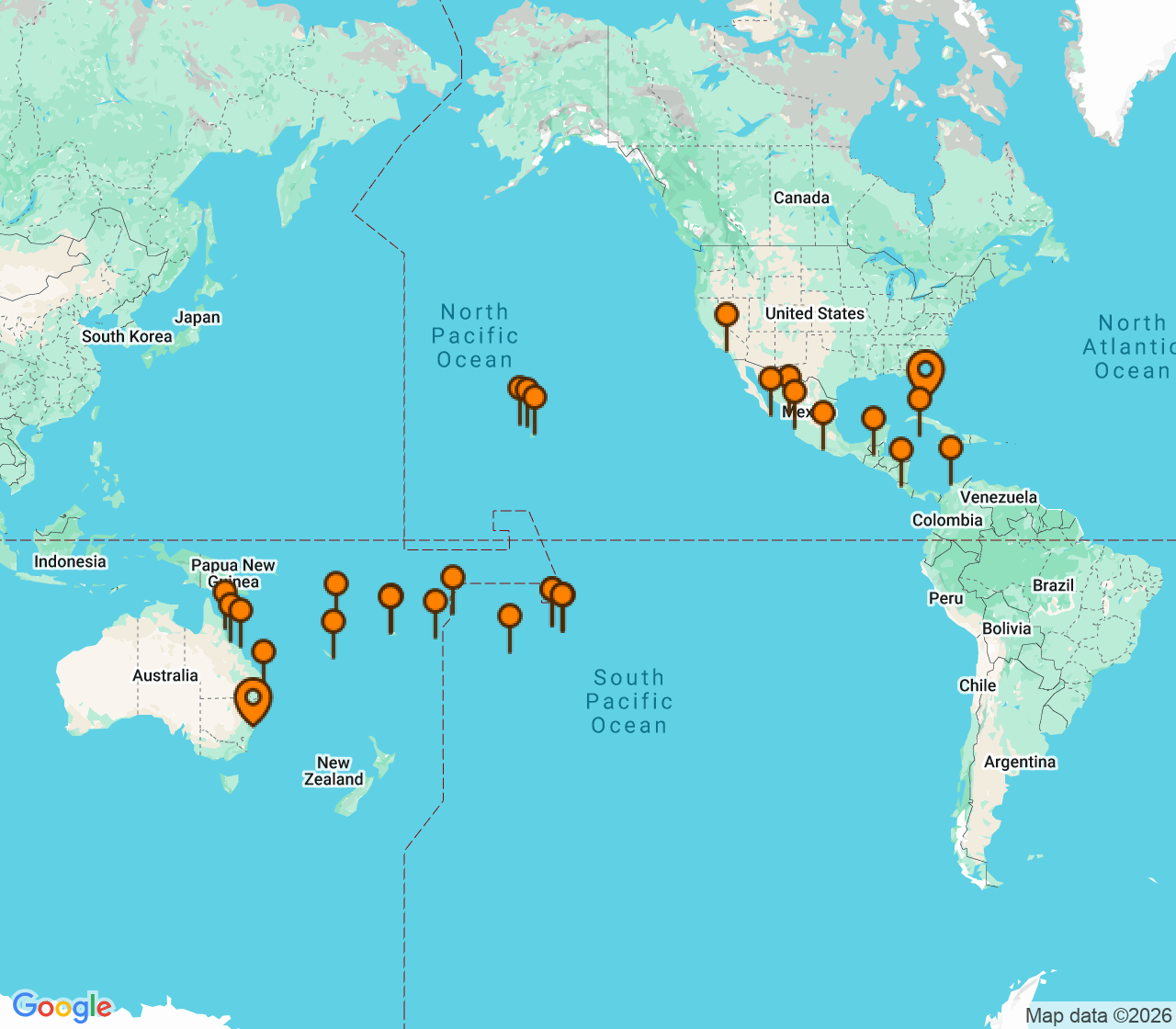 Harta itinerariu Croaziera 2027 - Grand Voyage si Tematice (Miami, FL) - Oceania Cruises - Vista - 60 nopti