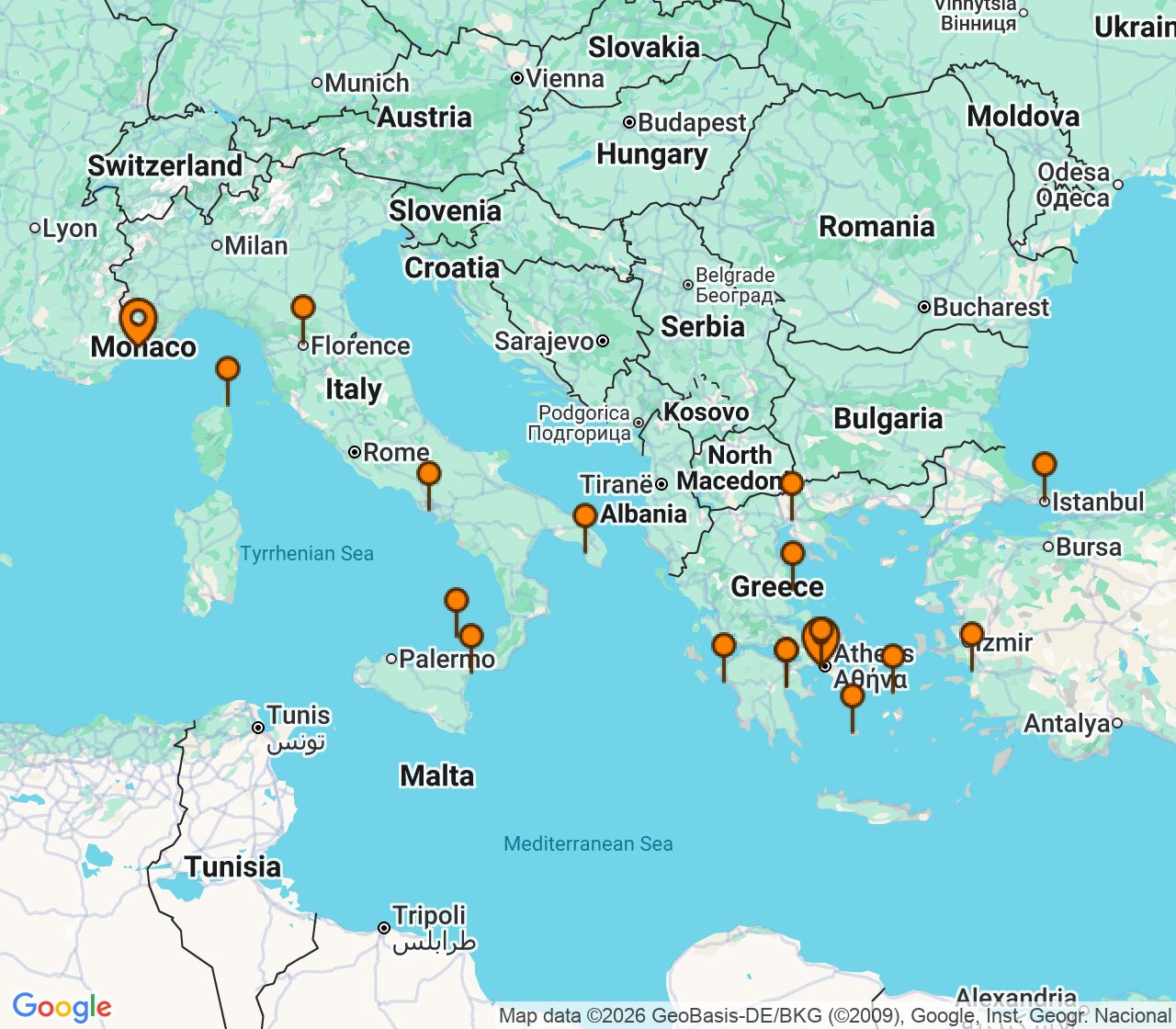 Harta itinerariu Croaziera 2028 - Mediterana (Nice (Villefranche), Franta) - Silversea Cruises - Silver Shadow - 24 nopti