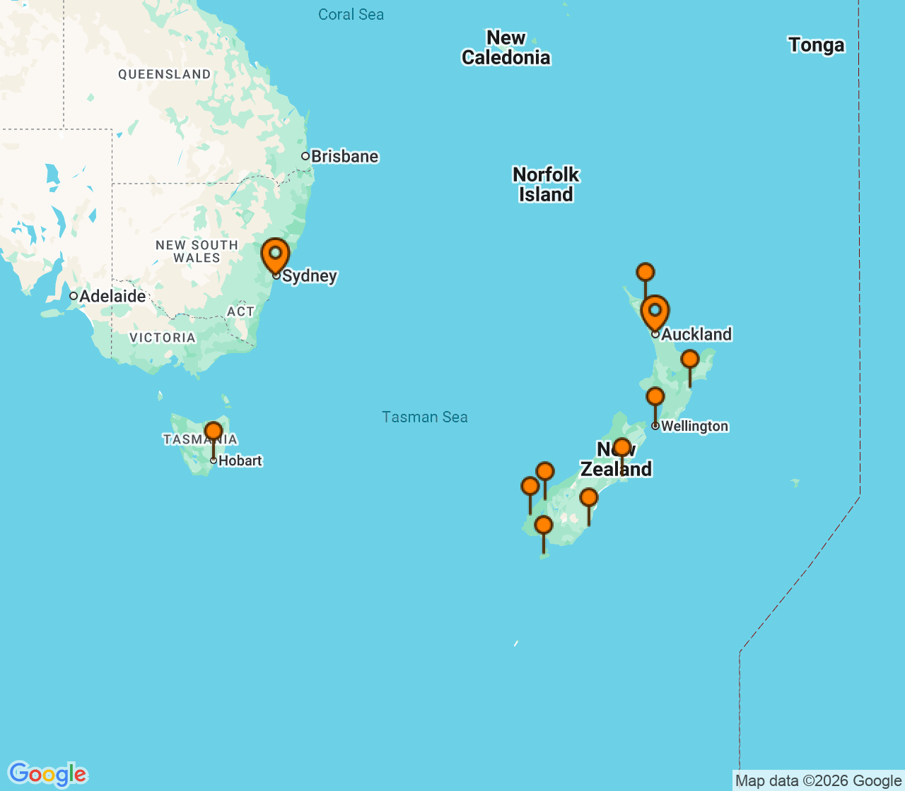 Harta itinerariu Croaziera 2028 - Australia si Noua Zeelanda (Sydney, Australia) - Silversea Cruises - Silver Moon - 14 nopti