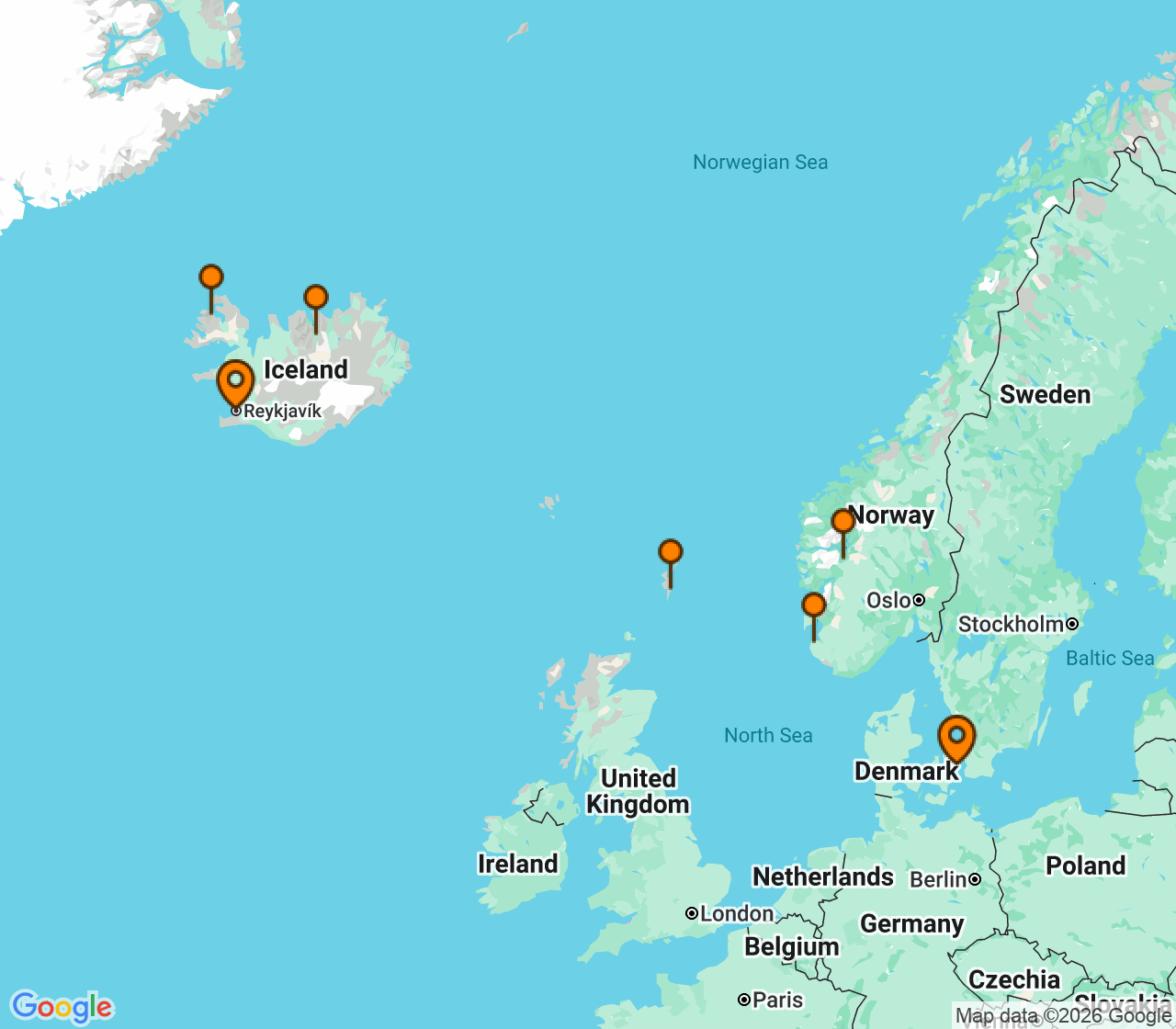 Harta itinerariu Croaziera 2028 - Europa de Nord (Copenhaga, Danemarca) - Explora Journeys - Explora V - 8 nopti