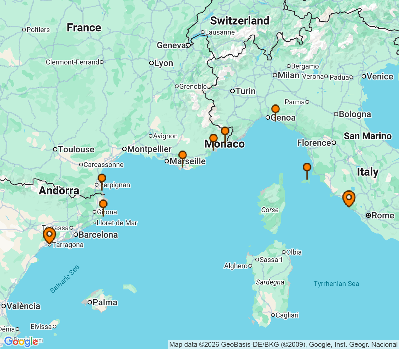 Harta itinerariu Croaziera 2027 - Mediterana (Tarragona, Spania) - Windstar Cruises - Wind Surf - 8 nopti