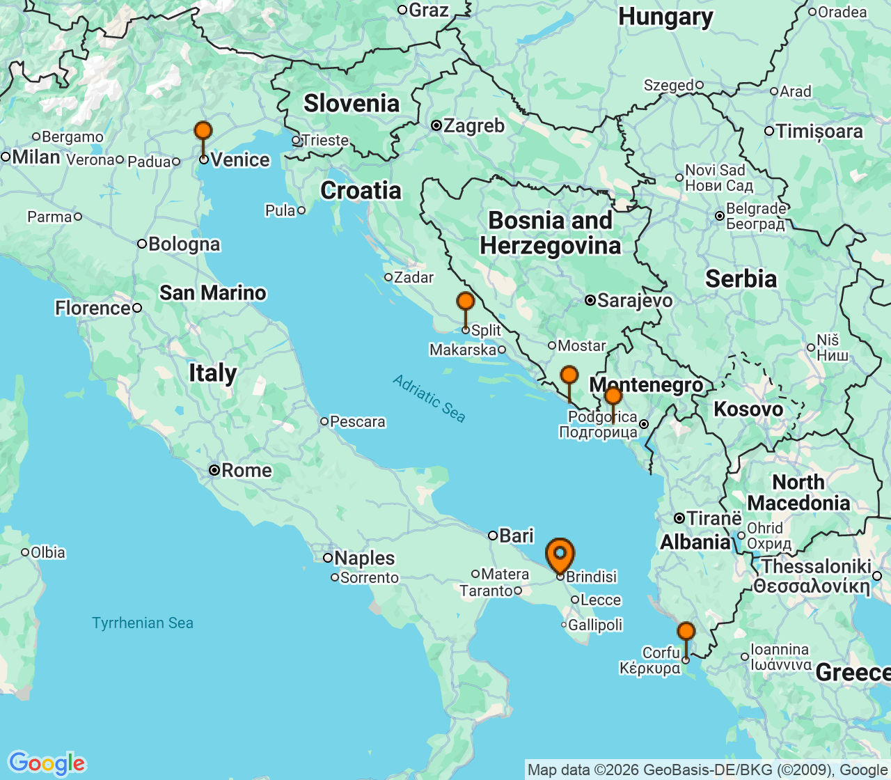 Harta itinerariu Croaziera 2026 - Mediterana (Brindisi, Italia) - MSC Cruises - MSC Armonia - 7 nopti