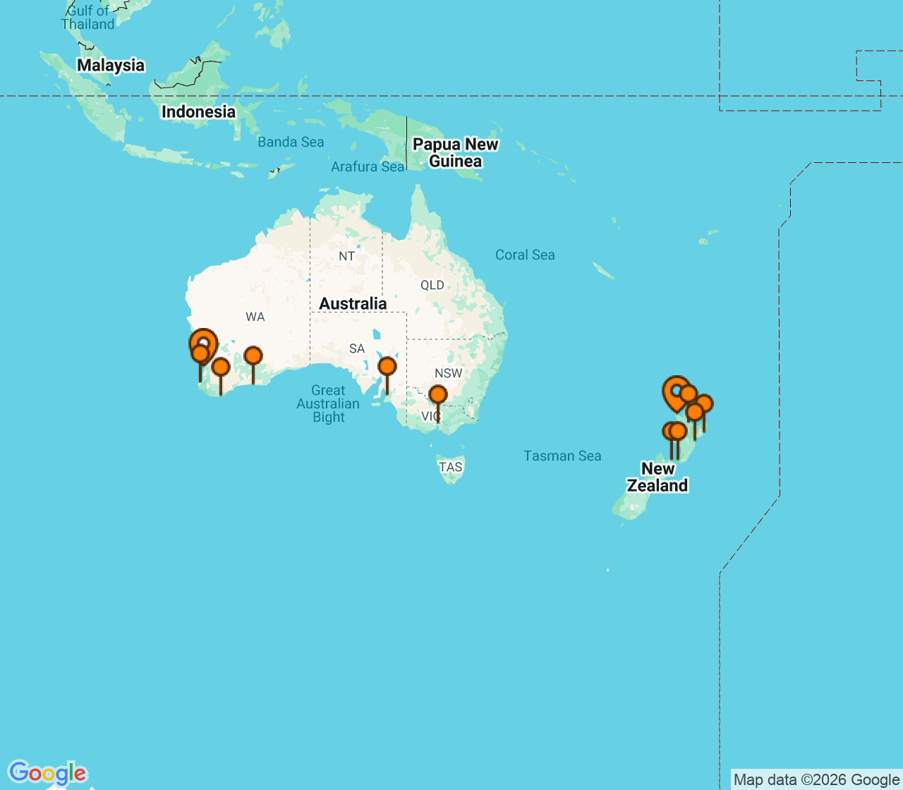 Harta itinerariu Croaziera 2027 - Australia si Noua Zeelanda (Fremantle, Australia) - Oceania Cruises - Riviera - 17 nopti