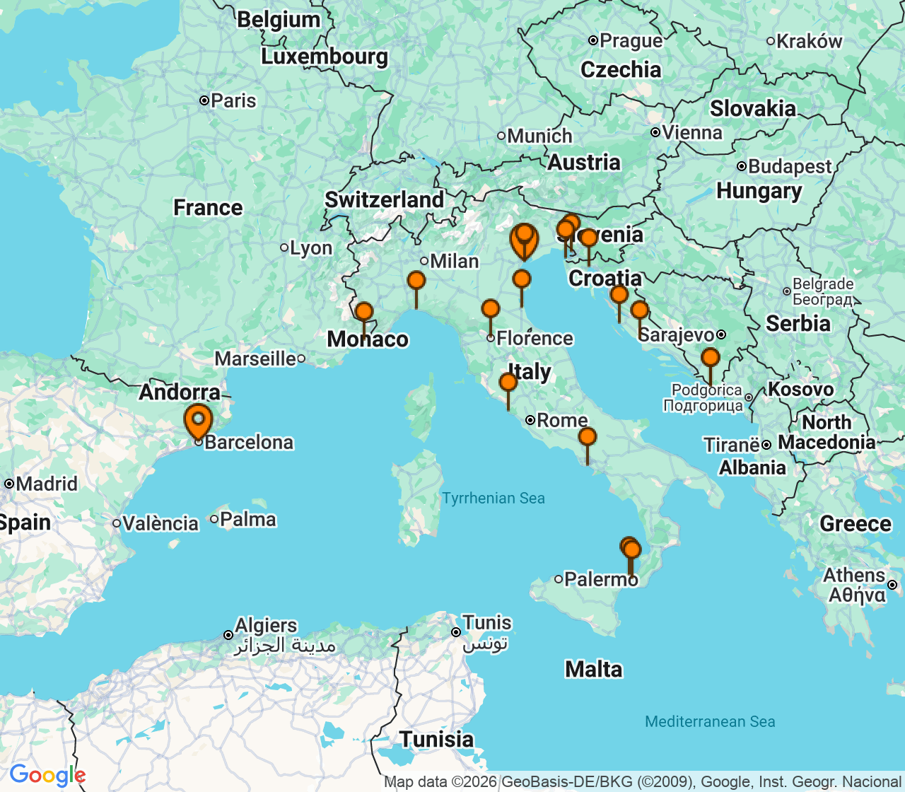 Harta itinerariu Croaziera 2028 - Mediterana (Barcelona, Spania) - Windstar Cruises - Wind Spirit - 25 nopti
