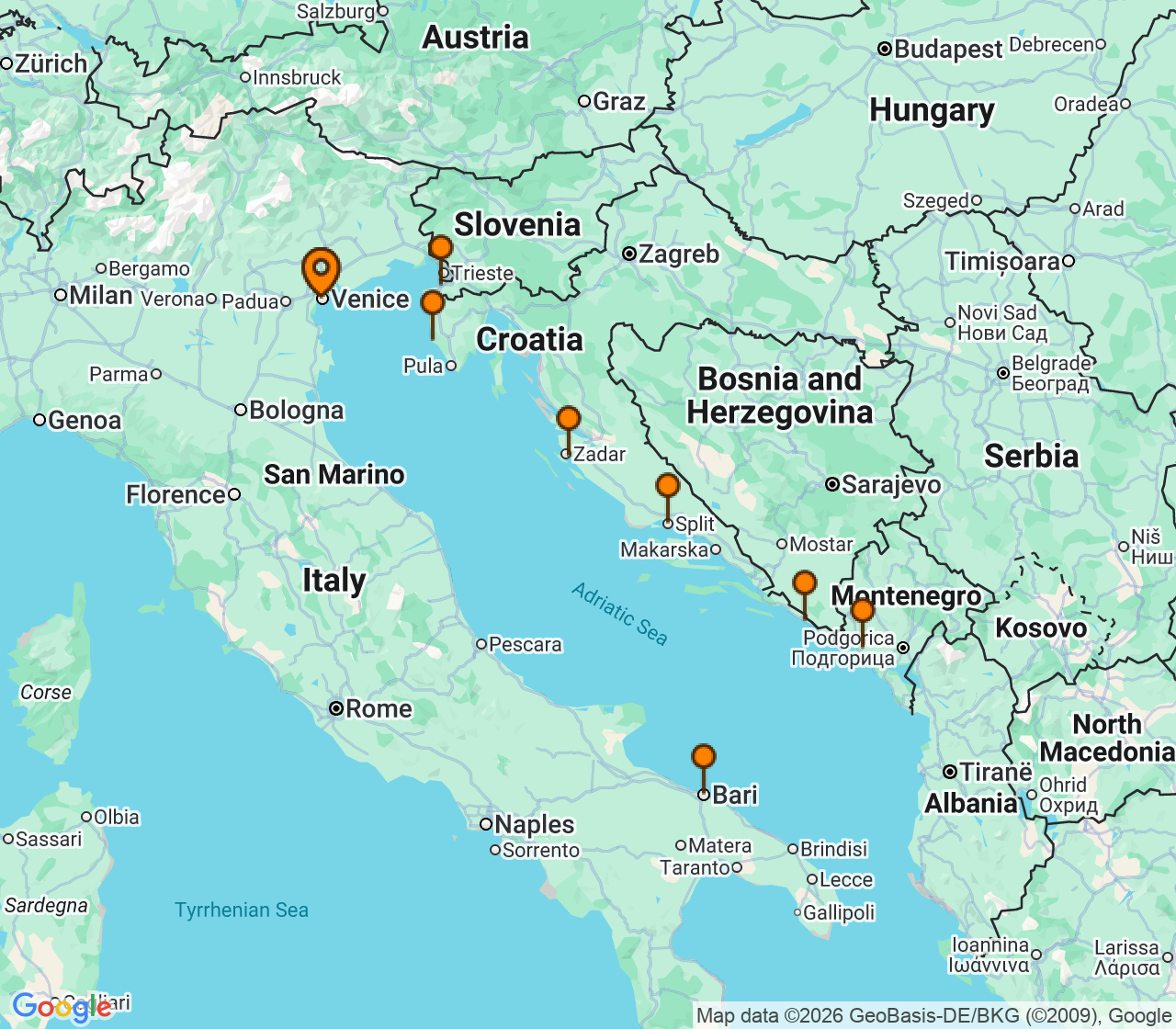 Harta itinerariu Croaziera 2027 - Mediterana (Venetia, Italia) - Silversea Cruises - Silver Spirit - 9 nopti