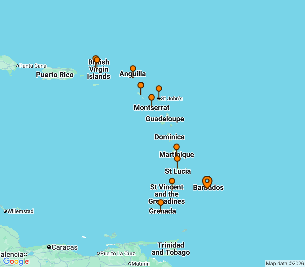Harta itinerariu Croaziera 2028 - Caraibe si America Centrala (Bridgetown, Barbados) - Seabourn - Seabourn Ovation - 14 nopti
