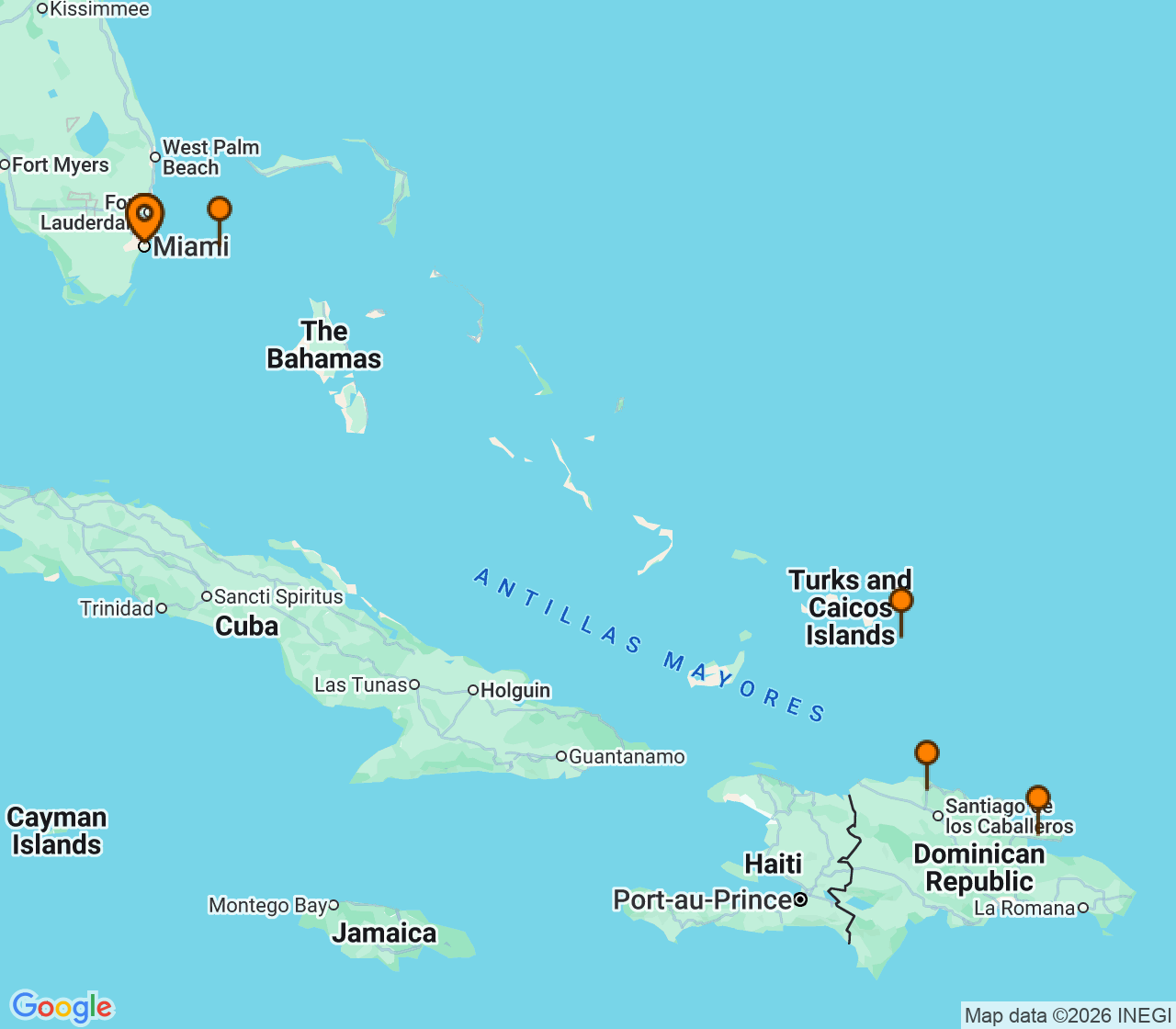 Harta itinerariu Croaziera 2027 - Caraibe si America Centrala (Miami, FL) - Virgin Voyages - Resilient Lady - 7 nopti