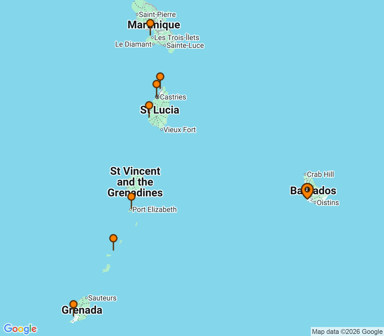 Harta itinerariu Croaziera 2026 - Caraibe si America Centrala (Bridgetown, Barbados) - Windstar Cruises - Star Legend - 7 nopti