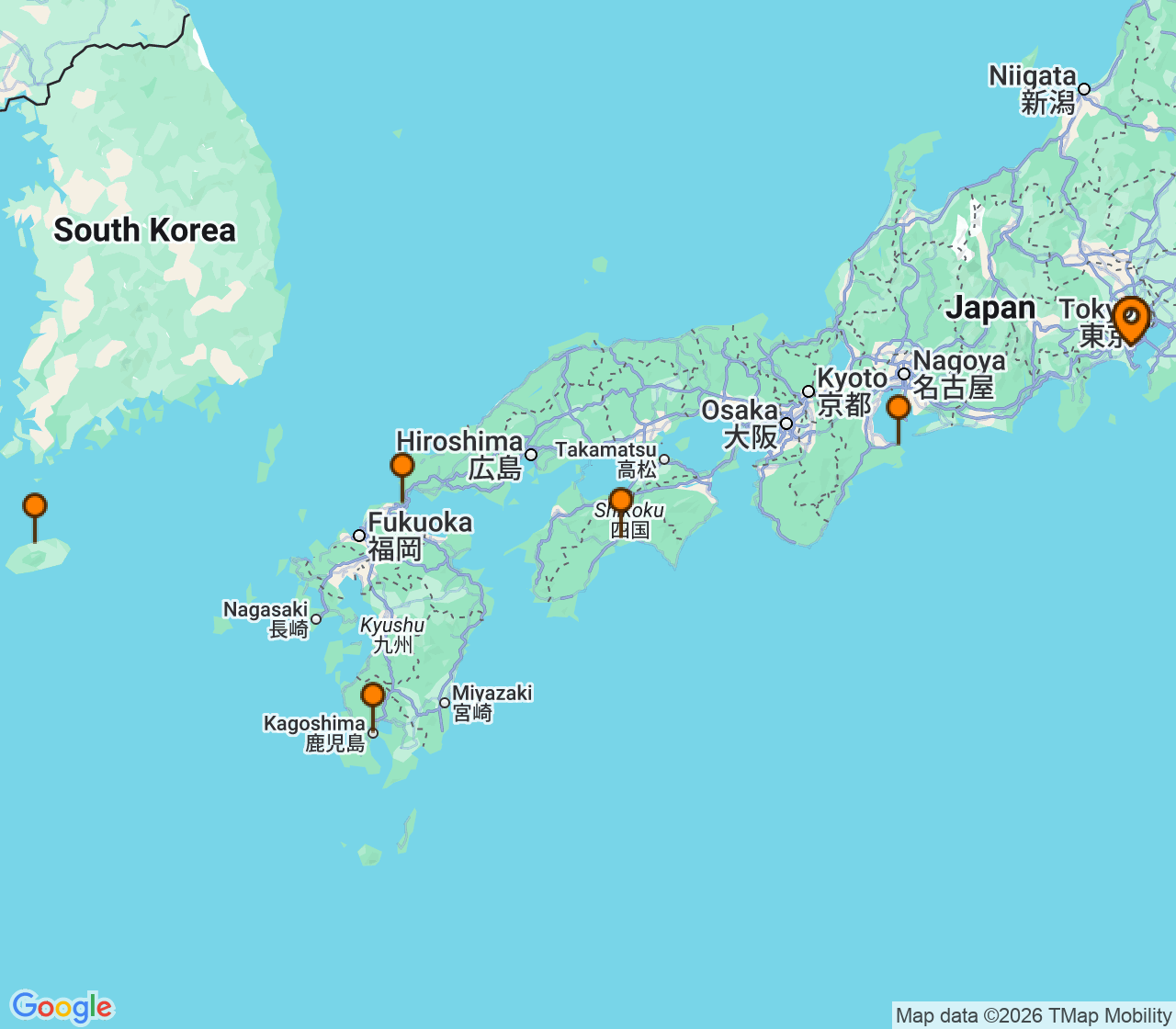 Harta itinerariu Croaziera 2027 - Asia (Orientul Indepartat) (Tokyo (Yokohama), Japonia) - Princess Cruises - Sapphire Princess - 7 nopti