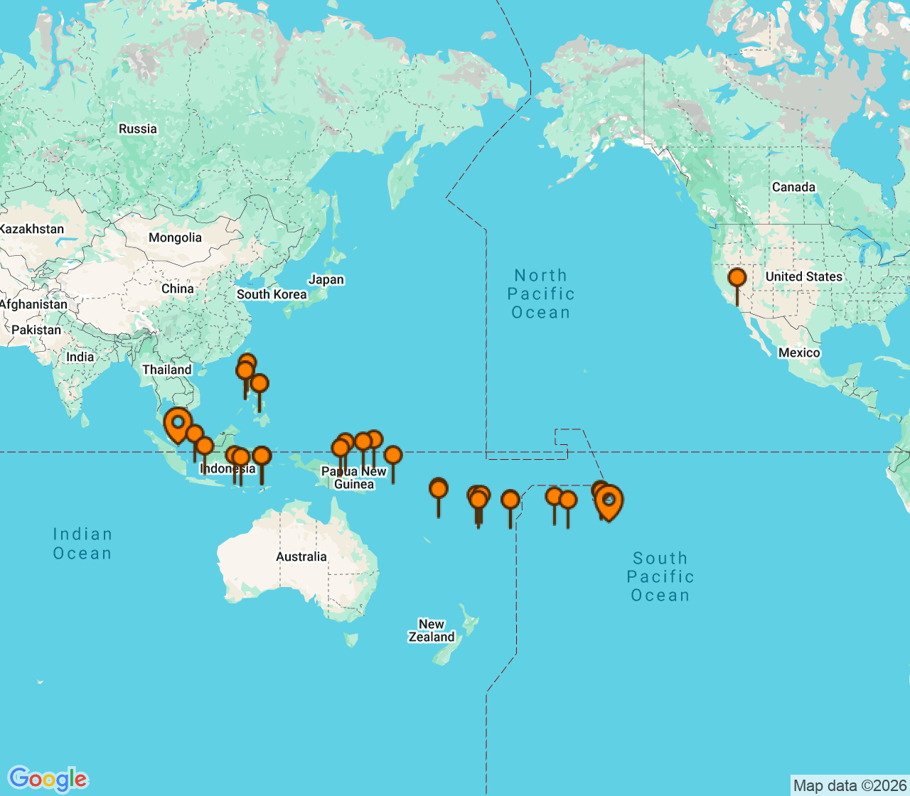 Harta itinerariu Croaziera 2028 - Tahiti si Pacificul de Sud (Papeete, Tahiti, Polinezia Franceza) - Silversea Cruises - Silver Cloud Expedition - 52 nopti