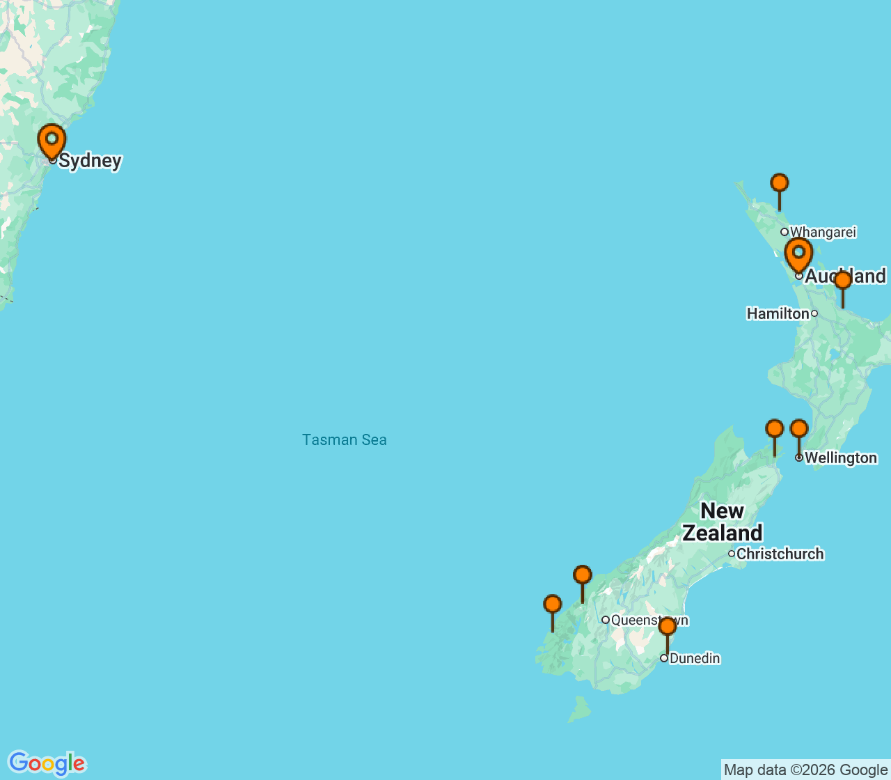 Harta itinerariu Croaziera 2029 - Australia si Noua Zeelanda (Sydney, Australia) - Celebrity Cruises - Celebrity Edge - 10 nopti