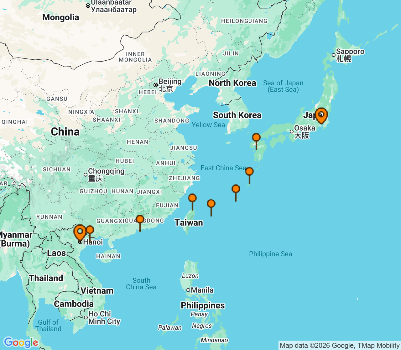 Harta itinerariu Croaziera 2029 - Asia (Orientul Indepartat) (Hanoi (Cai Lan), Vietnam) - Windstar Cruises - Star Seeker - 14 nopti