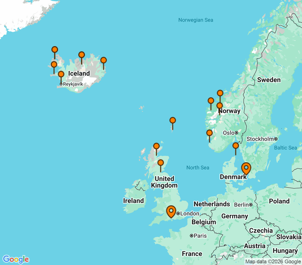Harta itinerariu Croaziera 2028 - Europa de Nord (Copenhaga, Danemarca) - Princess Cruises - Caribbean Princess - 20 nopti