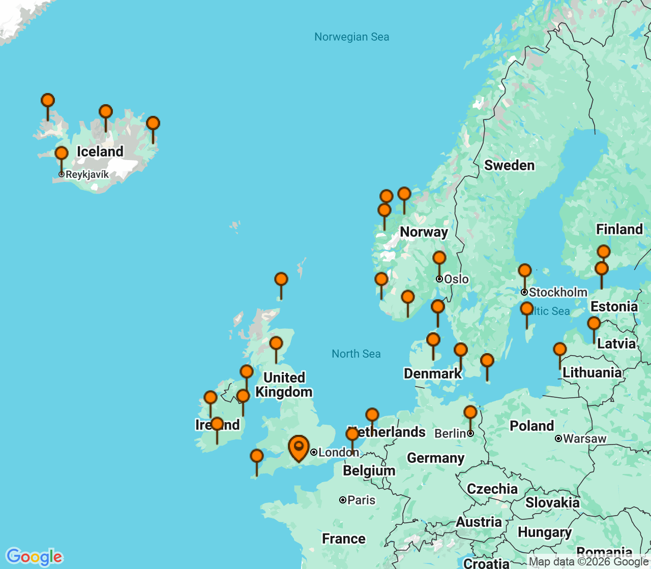 Harta itinerariu Croaziera 2028 - Europa de Nord (Southampton, Anglia) - Princess Cruises - Caribbean Princess - 48 nopti