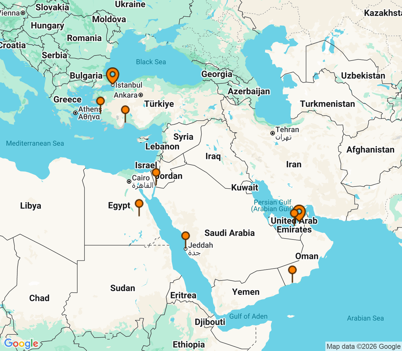 Harta itinerariu Croaziera 2028 -  (Dubai, Emiratele Arabe Unite) - Oceania Cruises - Vista - 19 nopti