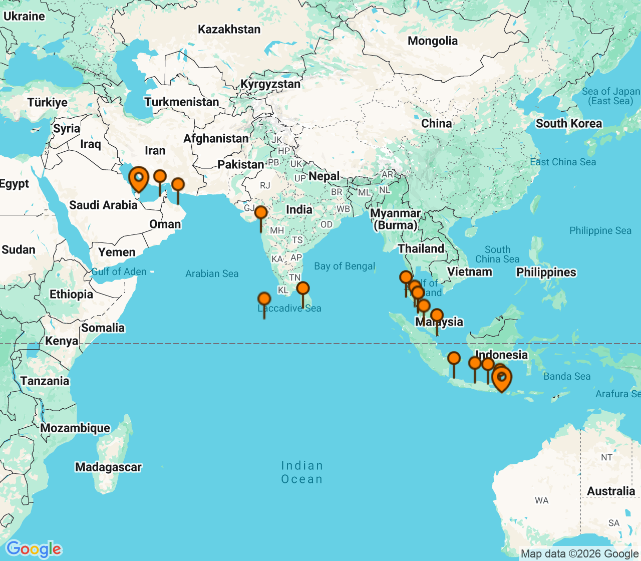 Harta itinerariu Croaziera 2028 -  (Doha, Qatar) - Regent Seven Seas Cruises - Seven Seas Explorer - 27 nopti
