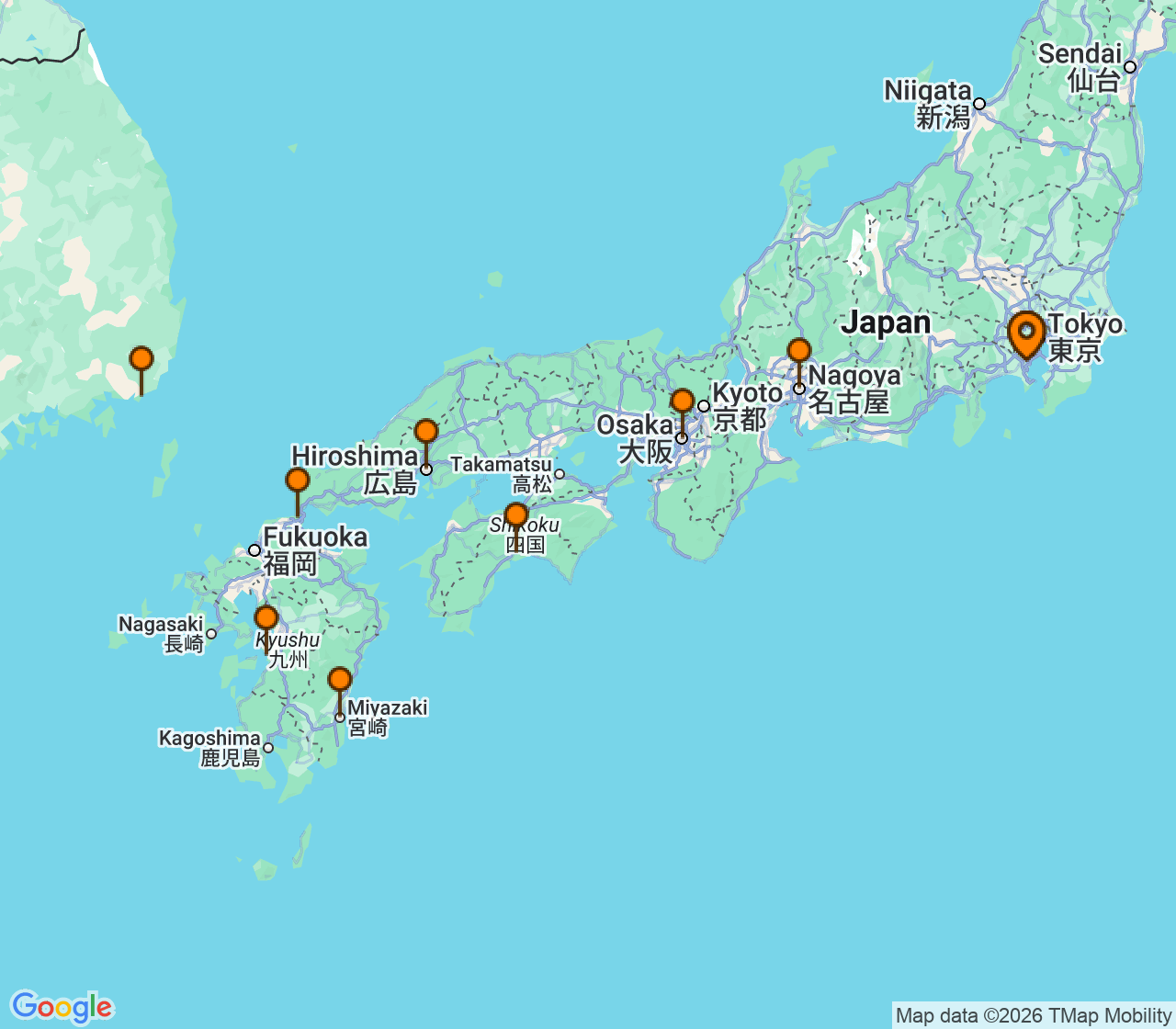 Harta itinerariu Croaziera 2028 - Asia (Orientul Indepartat) (Tokyo (Yokohama), Japonia) - Princess Cruises - Sapphire Princess - 10 nopti