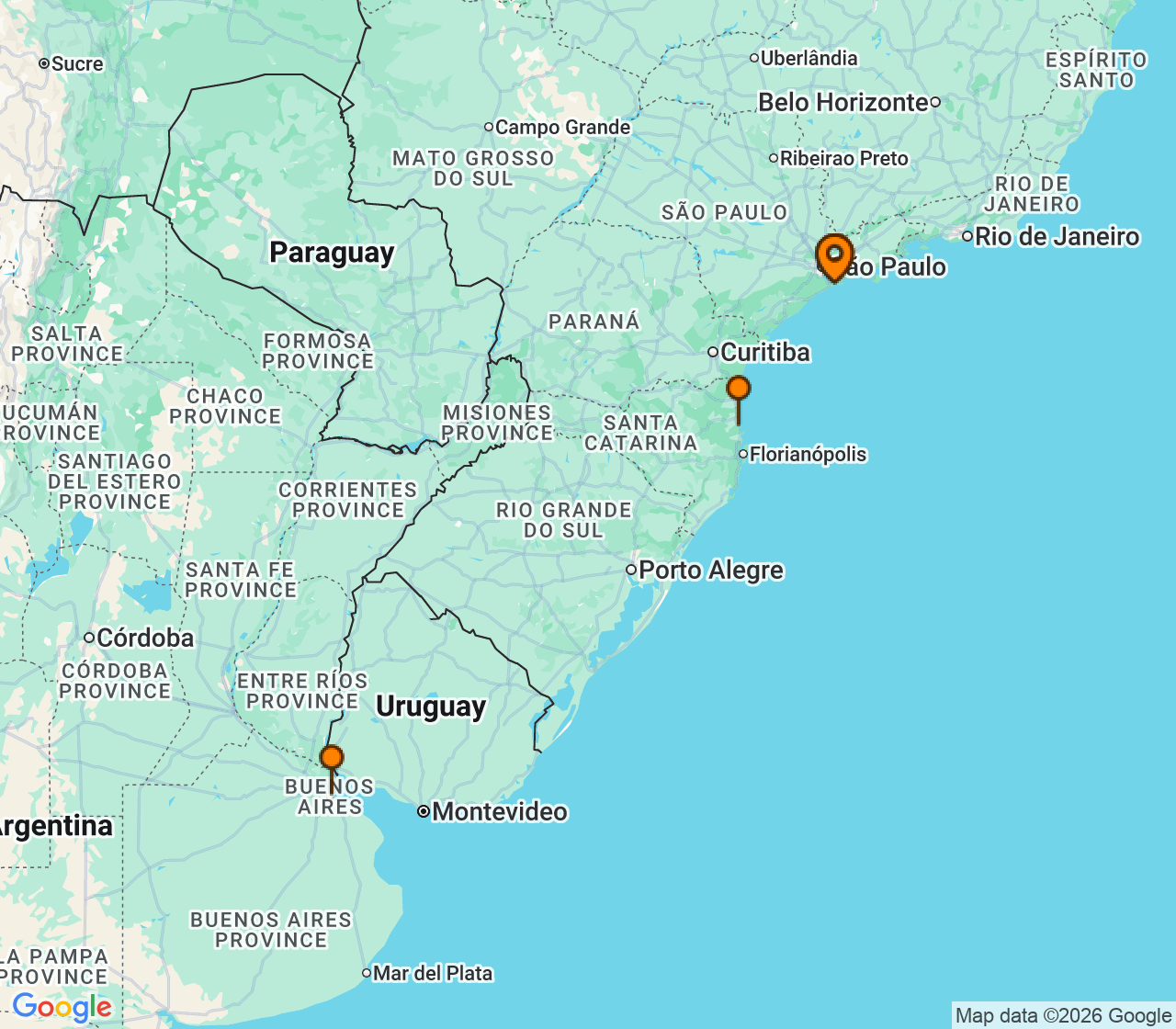 Harta itinerariu Croaziera 2028 - America de Sud (Santos, Brazilia) - MSC Cruises - MSC Meraviglia - 6 nopti