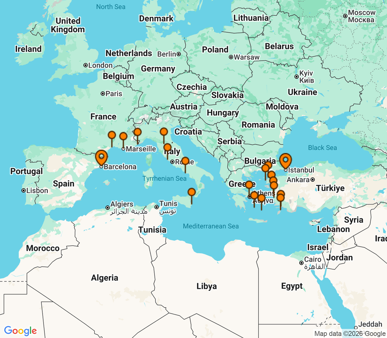 Harta itinerariu Croaziera 2028 - Mediterana (Barcelona, Spania) - Oceania Cruises - Marina - 21 nopti