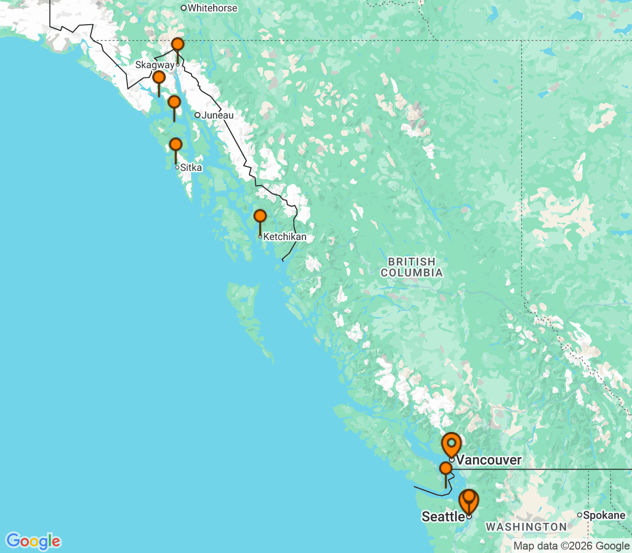 Harta itinerariu Croaziera 2028 - Alaska (Vancouver, Canada) - Norwegian Cruise Line - Norwegian Joy - 11 nopti